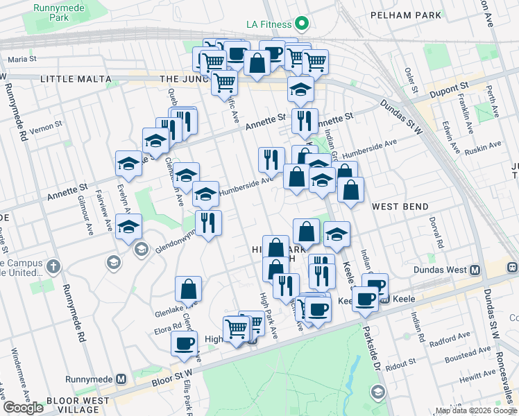 map of restaurants, bars, coffee shops, grocery stores, and more near 228 Pacific Avenue in Toronto