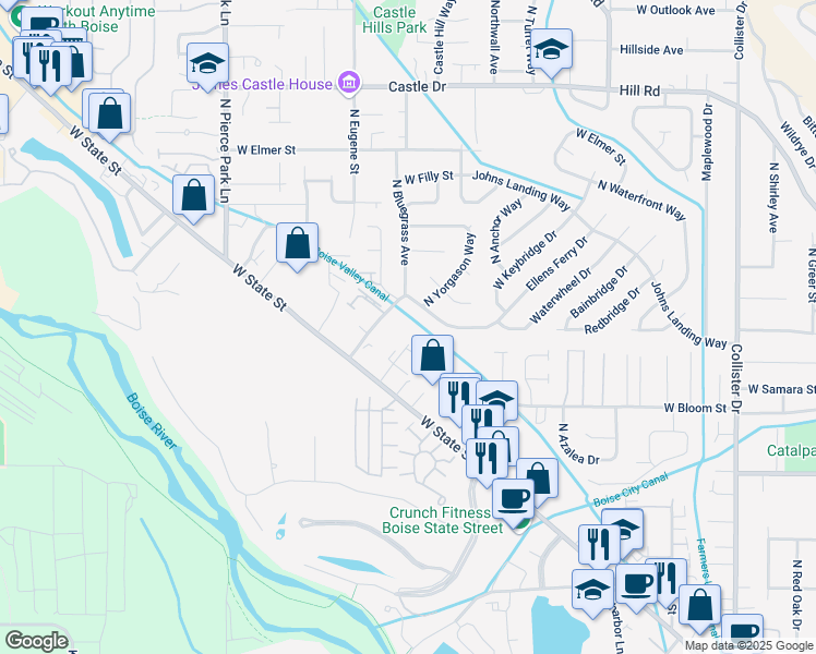 map of restaurants, bars, coffee shops, grocery stores, and more near 4263 North Yorgason Lane in Boise
