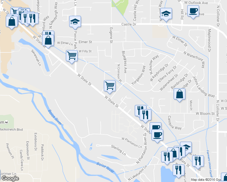 map of restaurants, bars, coffee shops, grocery stores, and more near 6010 West State Street in Boise