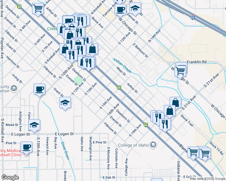 map of restaurants, bars, coffee shops, grocery stores, and more near 1515 Interstate 84 Business Loop in Caldwell