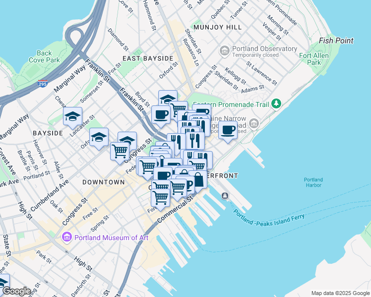 map of restaurants, bars, coffee shops, grocery stores, and more near 211 Fore Street in Portland