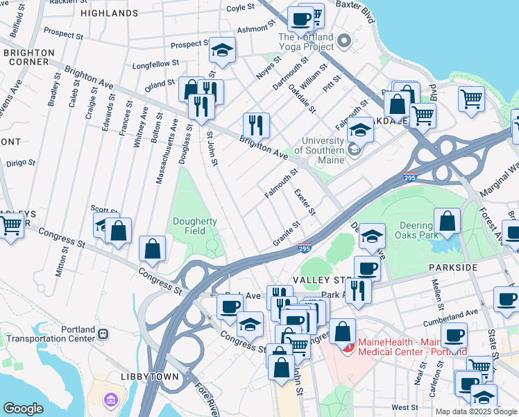 map of restaurants, bars, coffee shops, grocery stores, and more near 55 Roberts Street in Portland