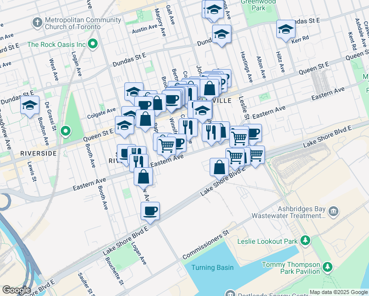 map of restaurants, bars, coffee shops, grocery stores, and more near 629 Eastern Avenue in Toronto