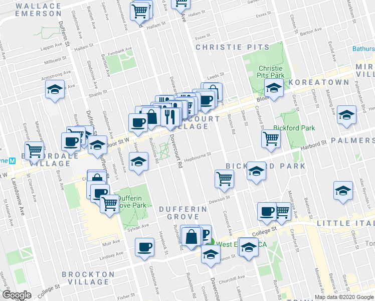 map of restaurants, bars, coffee shops, grocery stores, and more near in Toronto