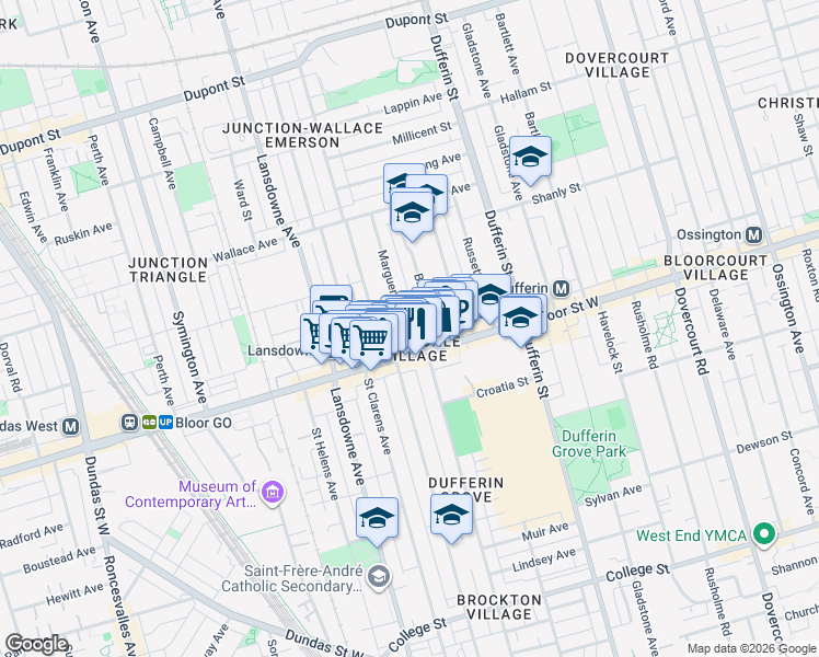 map of restaurants, bars, coffee shops, grocery stores, and more near in Toronto