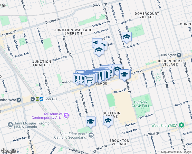 map of restaurants, bars, coffee shops, grocery stores, and more near in Toronto