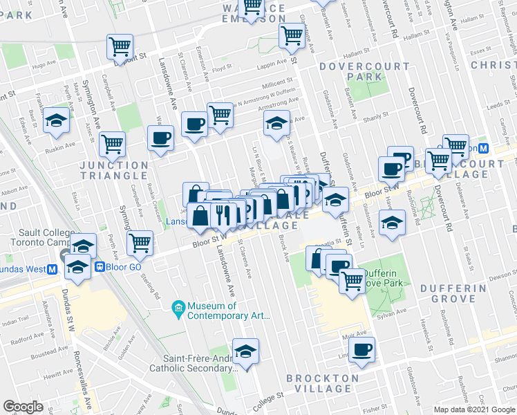 map of restaurants, bars, coffee shops, grocery stores, and more near in Toronto