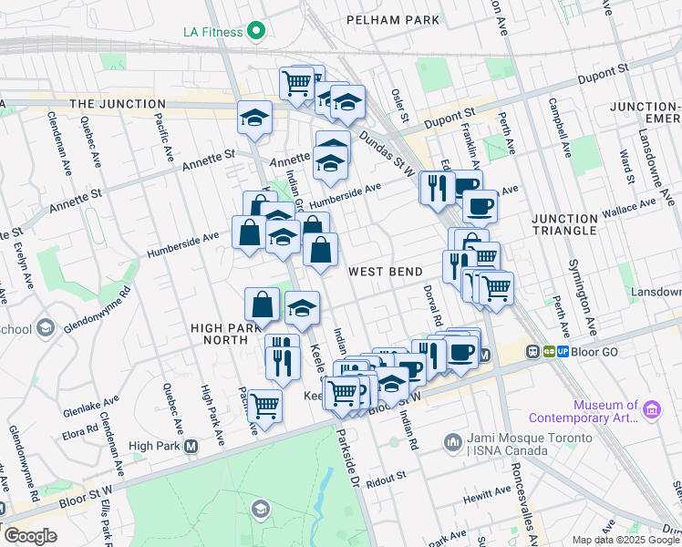 map of restaurants, bars, coffee shops, grocery stores, and more near in Toronto