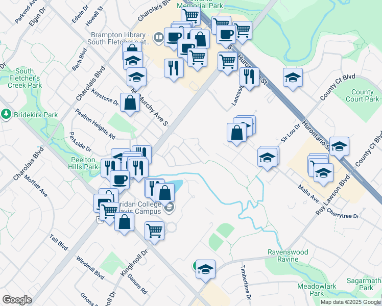 map of restaurants, bars, coffee shops, grocery stores, and more near in Brampton