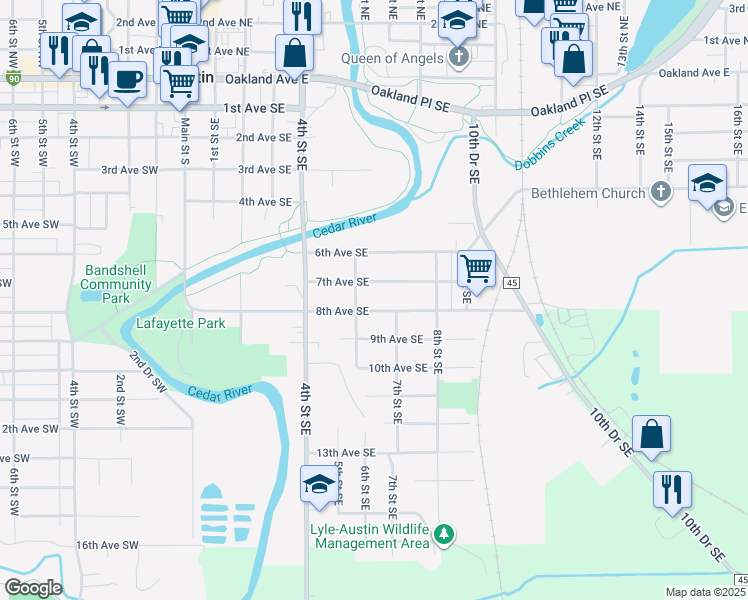 map of restaurants, bars, coffee shops, grocery stores, and more near 704 8th Avenue Southeast in Austin
