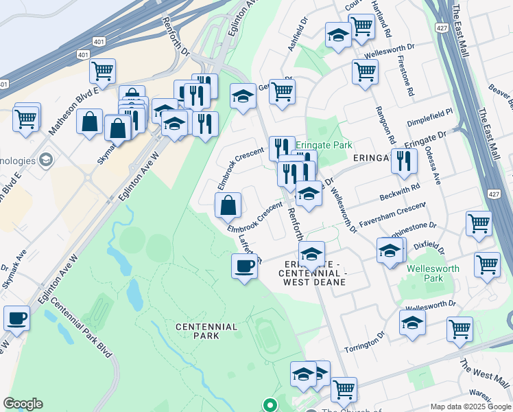 map of restaurants, bars, coffee shops, grocery stores, and more near 10 Millsborough Crescent in Toronto