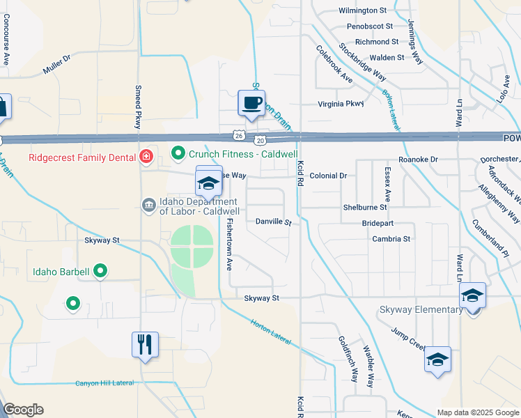 map of restaurants, bars, coffee shops, grocery stores, and more near 5102 Dallastown Street in Caldwell