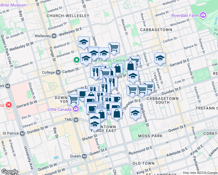 map of restaurants, bars, coffee shops, grocery stores, and more near Jarvis Street in Toronto