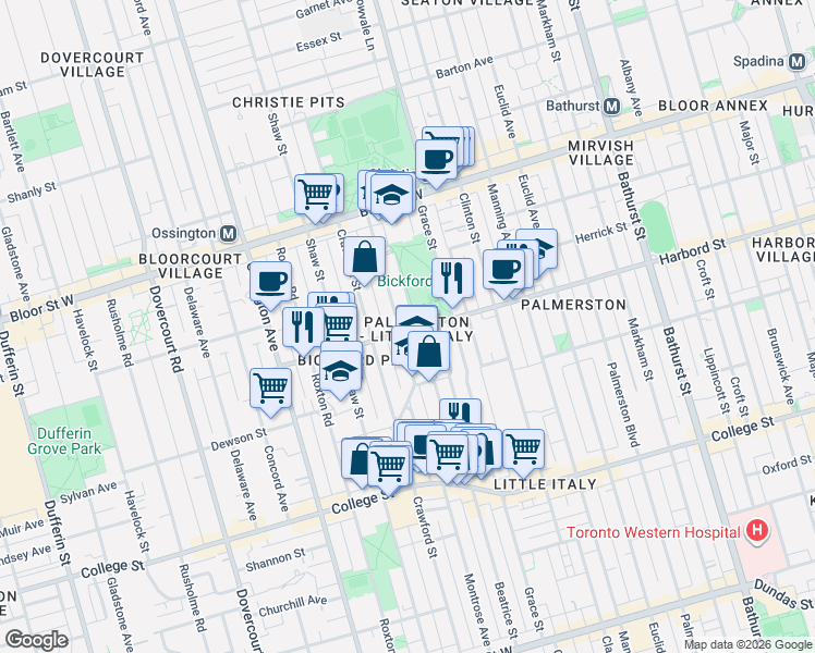 map of restaurants, bars, coffee shops, grocery stores, and more near 330 Harbord Street in Toronto
