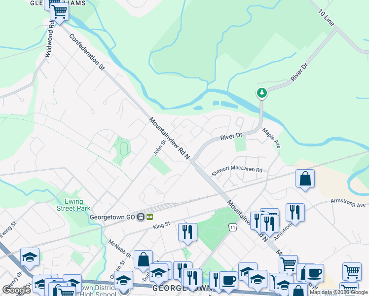 map of restaurants, bars, coffee shops, grocery stores, and more near 7 Santa Barbara Lane in Halton Hills