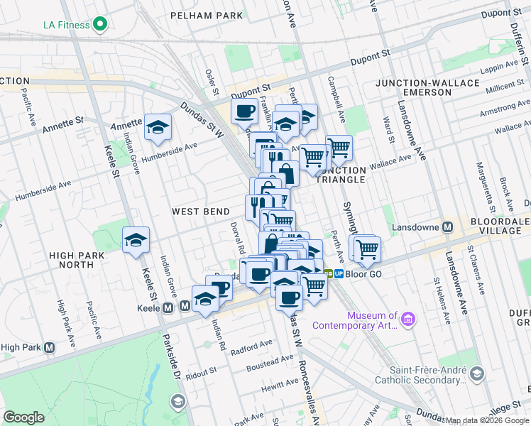 map of restaurants, bars, coffee shops, grocery stores, and more near 2473 Dundas Street West in Toronto
