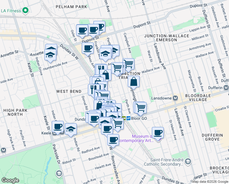 map of restaurants, bars, coffee shops, grocery stores, and more near 3 Elsie Lane in Toronto
