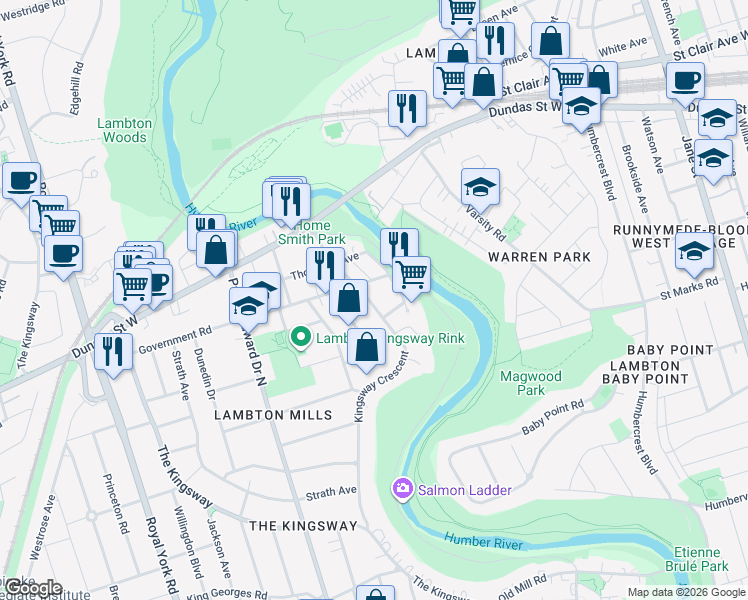 map of restaurants, bars, coffee shops, grocery stores, and more near in Toronto