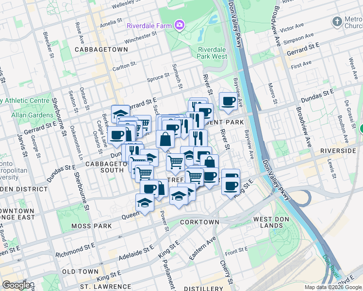map of restaurants, bars, coffee shops, grocery stores, and more near Regent Park Boulevard in Toronto