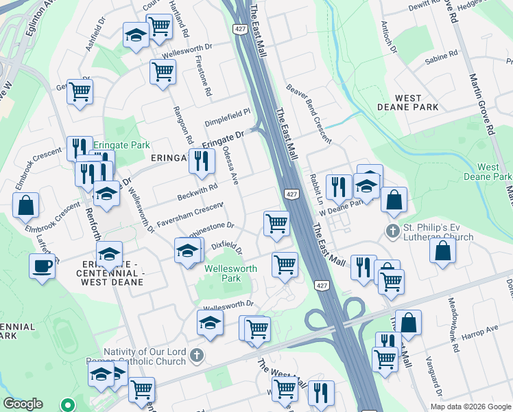 map of restaurants, bars, coffee shops, grocery stores, and more near 8 Summerfield Crescent in Toronto