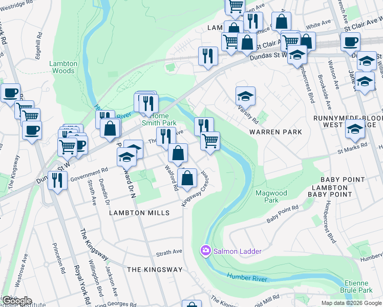 map of restaurants, bars, coffee shops, grocery stores, and more near 89 Kingsway Crescent in Toronto