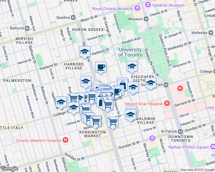 map of restaurants, bars, coffee shops, grocery stores, and more near 33 Ursula Franklin Street in Toronto
