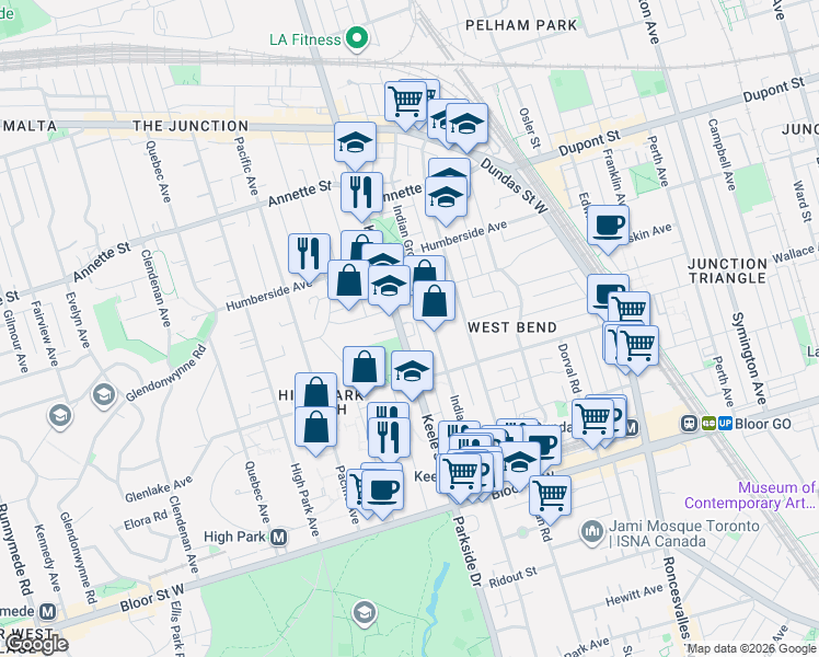 map of restaurants, bars, coffee shops, grocery stores, and more near 205 Keele Street in Toronto