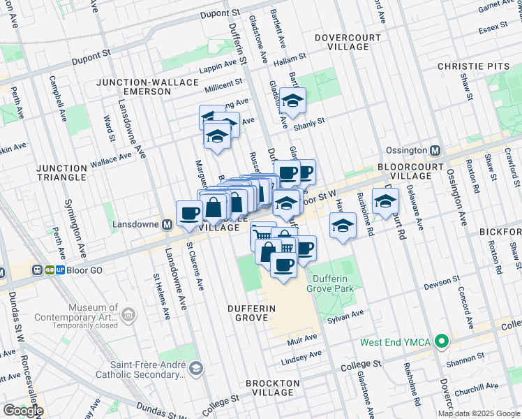 map of restaurants, bars, coffee shops, grocery stores, and more near 1141 Bloor Street West in Toronto