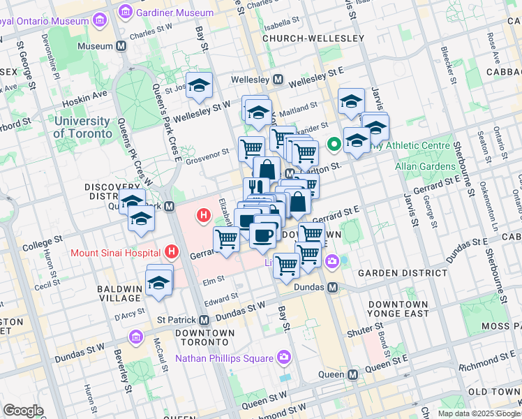 map of restaurants, bars, coffee shops, grocery stores, and more near 761 Bay Street in Toronto