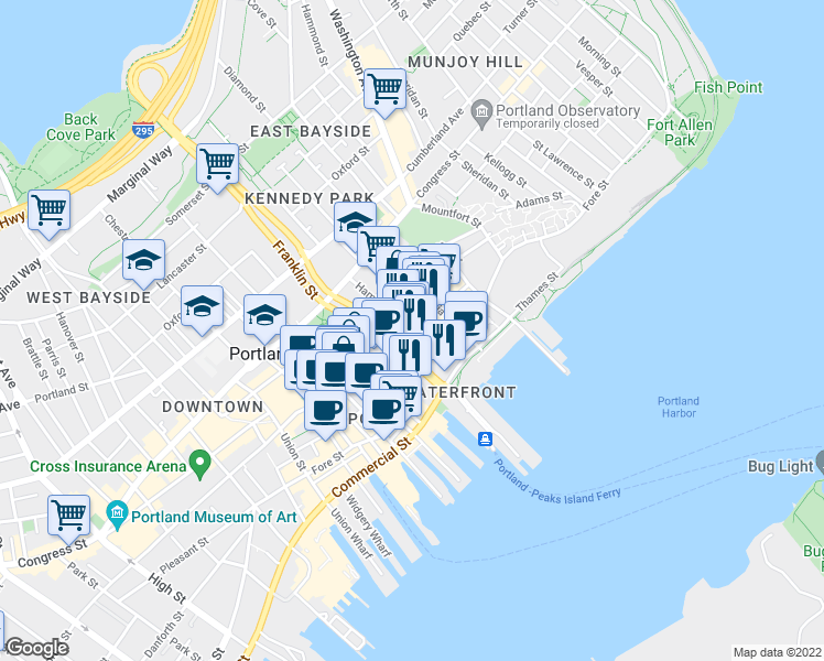 map of restaurants, bars, coffee shops, grocery stores, and more near Middle St & Hampshire St in Portland