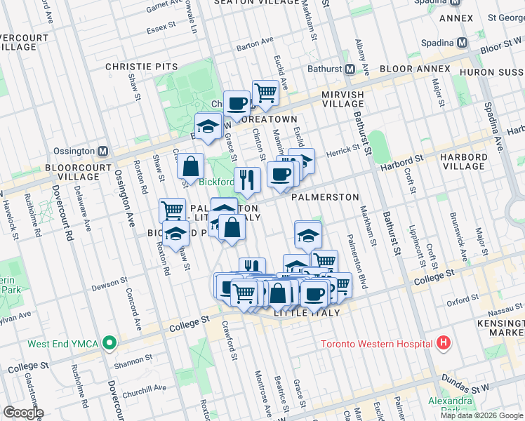 map of restaurants, bars, coffee shops, grocery stores, and more near 55 Jersey Avenue in Toronto