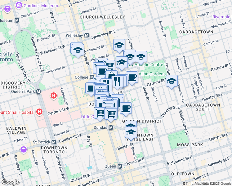 map of restaurants, bars, coffee shops, grocery stores, and more near 40 Gerrard Street East in Toronto
