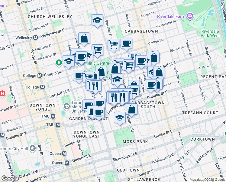 map of restaurants, bars, coffee shops, grocery stores, and more near in Toronto