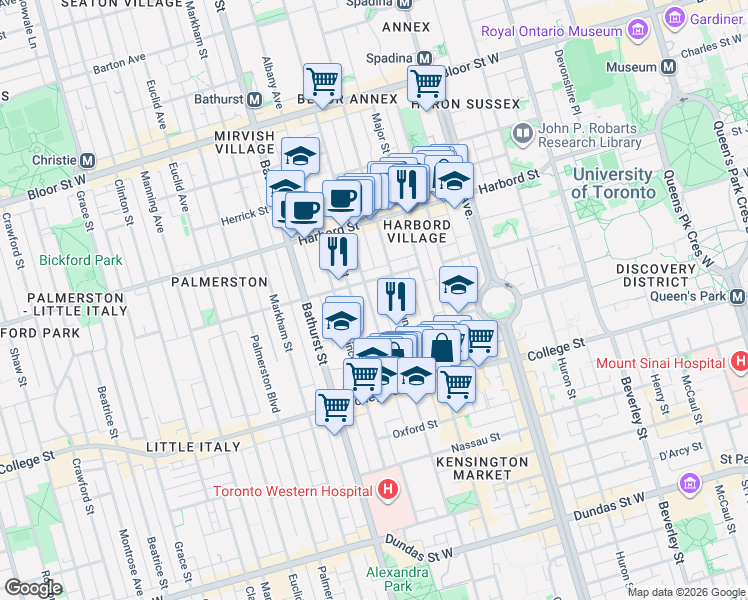 map of restaurants, bars, coffee shops, grocery stores, and more near 91 Borden Street in Toronto