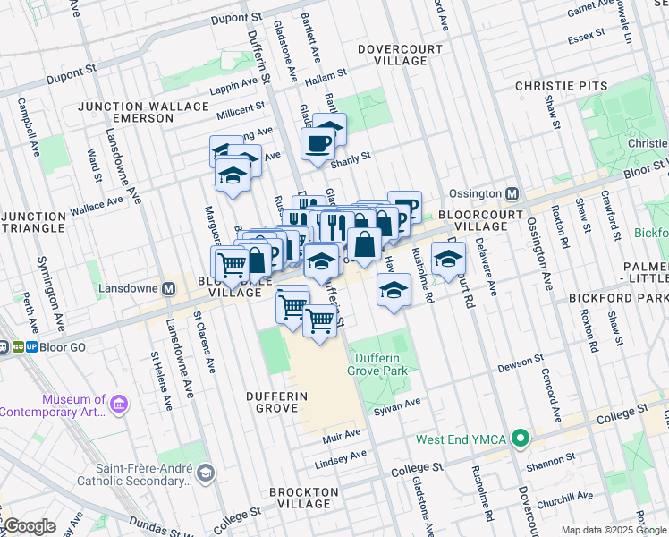 map of restaurants, bars, coffee shops, grocery stores, and more near 1040 Dufferin Street in Toronto