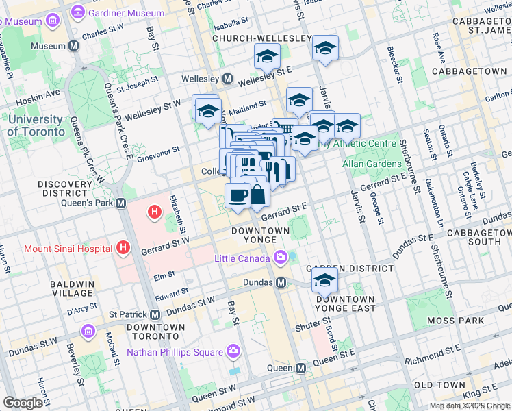 map of restaurants, bars, coffee shops, grocery stores, and more near 415 Yonge Street in Toronto