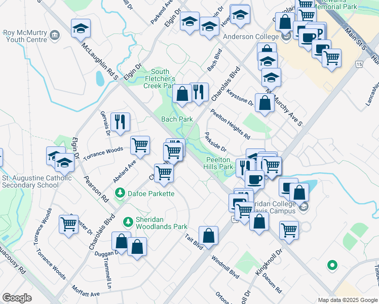 map of restaurants, bars, coffee shops, grocery stores, and more near McLaughlin Road South in Brampton