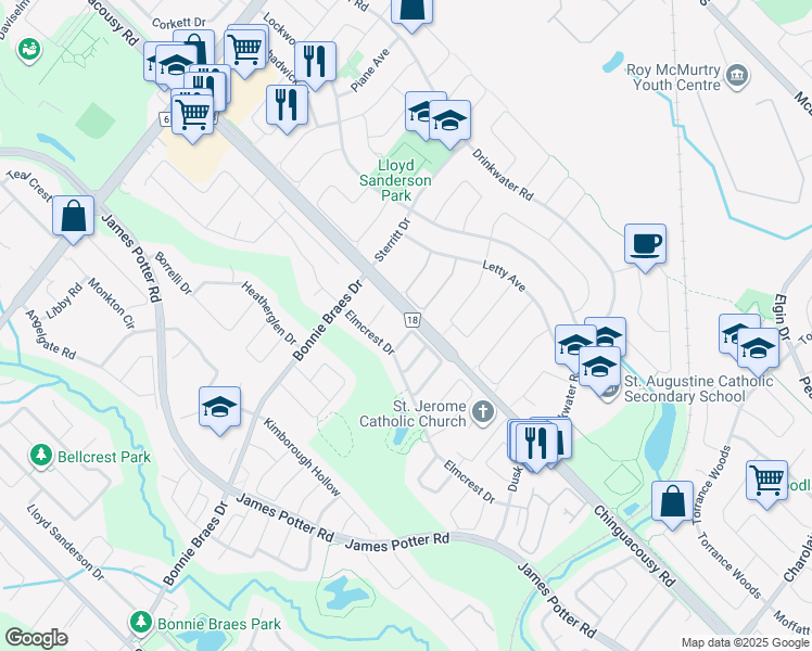 map of restaurants, bars, coffee shops, grocery stores, and more near 60 Bandera Drive in Brampton