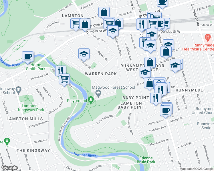 map of restaurants, bars, coffee shops, grocery stores, and more near 32 Varsity Road in Toronto