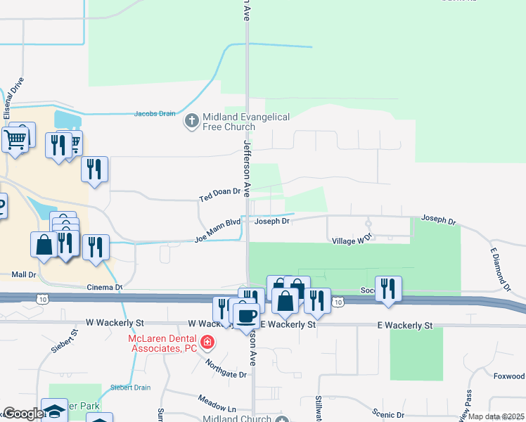 map of restaurants, bars, coffee shops, grocery stores, and more near 101 Joseph Drive in Midland