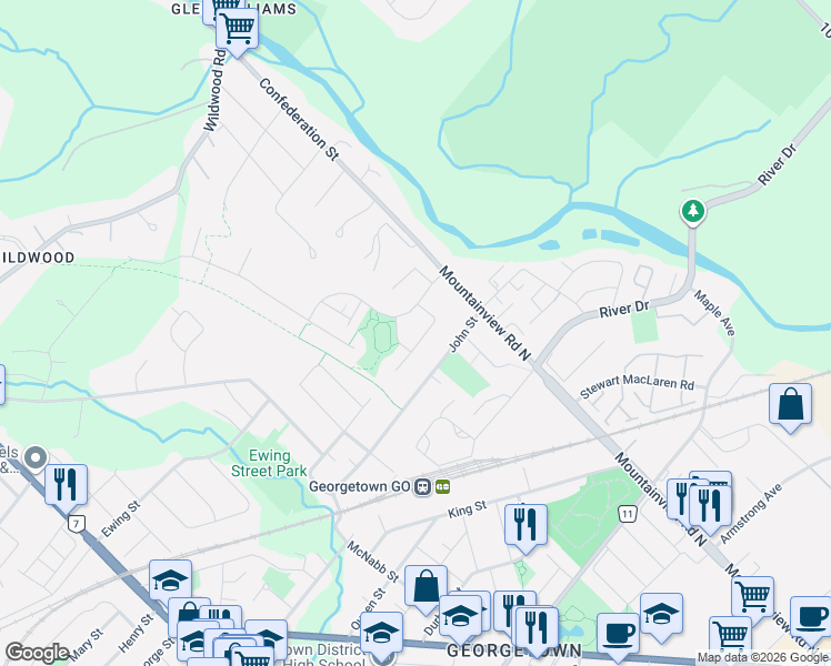 map of restaurants, bars, coffee shops, grocery stores, and more near 14 Costigan Court in Halton Hills