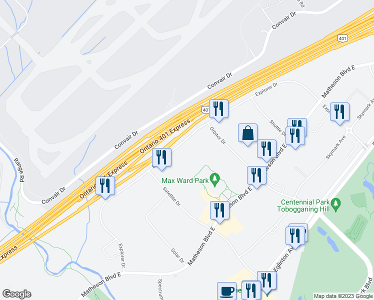map of restaurants, bars, coffee shops, grocery stores, and more near 5500 Explorer Drive in Mississauga