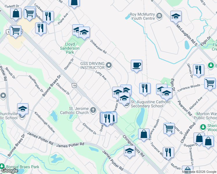 map of restaurants, bars, coffee shops, grocery stores, and more near 26 Lockwood Road in Brampton