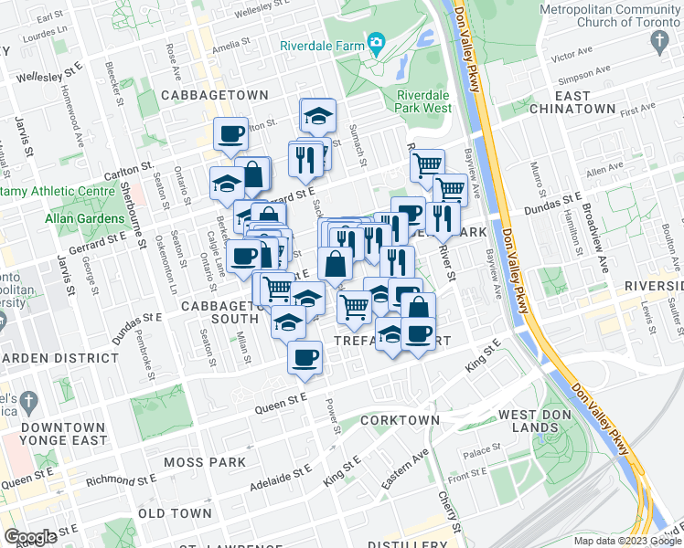 map of restaurants, bars, coffee shops, grocery stores, and more near in Toronto