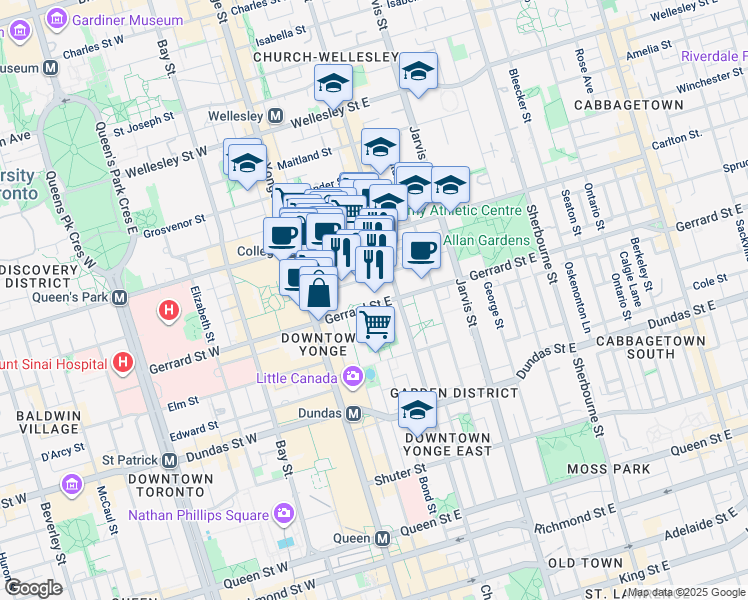 map of restaurants, bars, coffee shops, grocery stores, and more near 46 Gerrard Street East in Toronto
