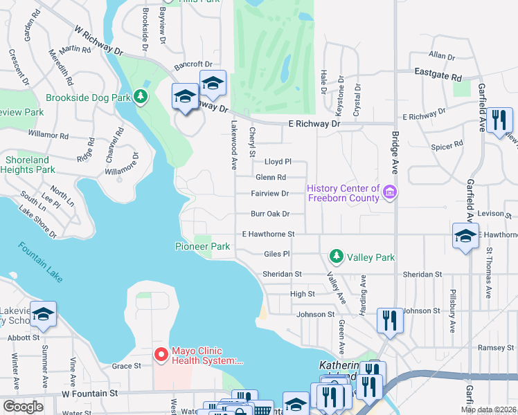 map of restaurants, bars, coffee shops, grocery stores, and more near 201 Fairview Drive in Albert Lea