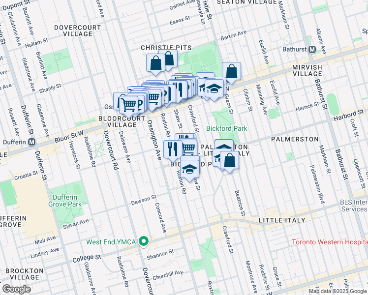 map of restaurants, bars, coffee shops, grocery stores, and more near 650 Shaw Street in Toronto