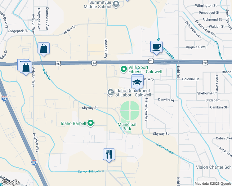 map of restaurants, bars, coffee shops, grocery stores, and more near Thomas Jefferson Street in Caldwell