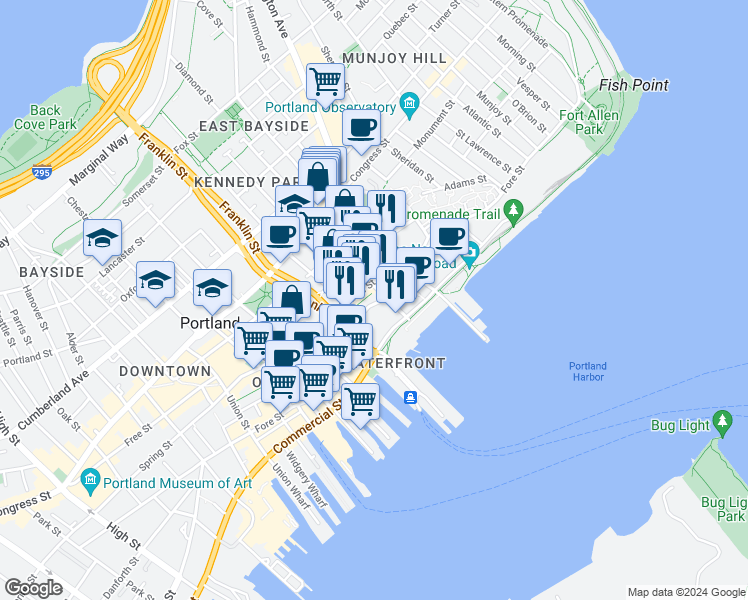 map of restaurants, bars, coffee shops, grocery stores, and more near 65 India Street in Portland
