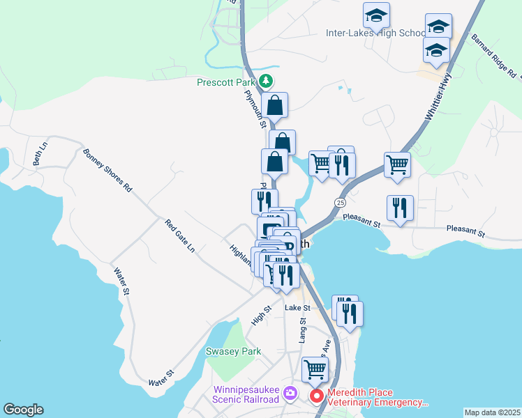 map of restaurants, bars, coffee shops, grocery stores, and more near 40 Plymouth Street in Meredith